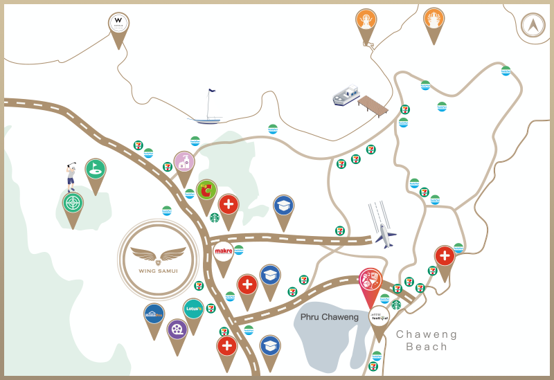 Wing Samui area map near Chaweng Beach